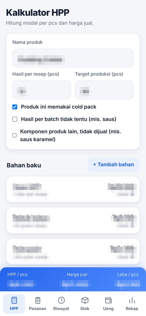Kalkulator HPP: bahan, kemasan, dan biaya per pcs
